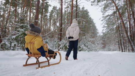 woman is sledding her little son walking together in winter forest happy family weekend in nature