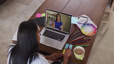 Mujer-Afroamericana-Escribiendo-Notas-Mientras-Realiza-Una-Videollamada-En-Una-Computadora-Portátil-En-Casa