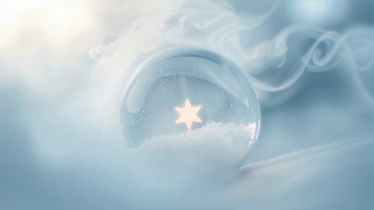 Shimmering glass orb with seven-pointed star reacting to left warm light on snowy bed, mist curling