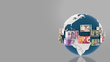 currencies banknote fly around the globe.