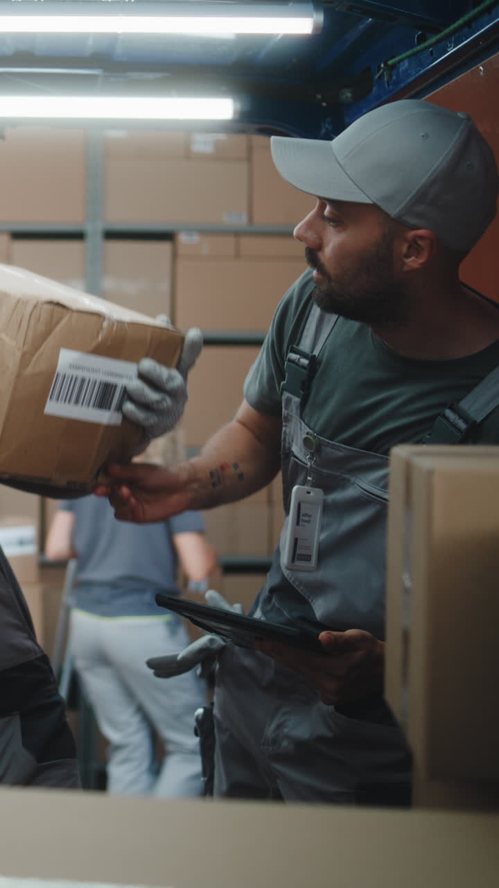 Logistics workers managing packages and using a tablet in a warehouse