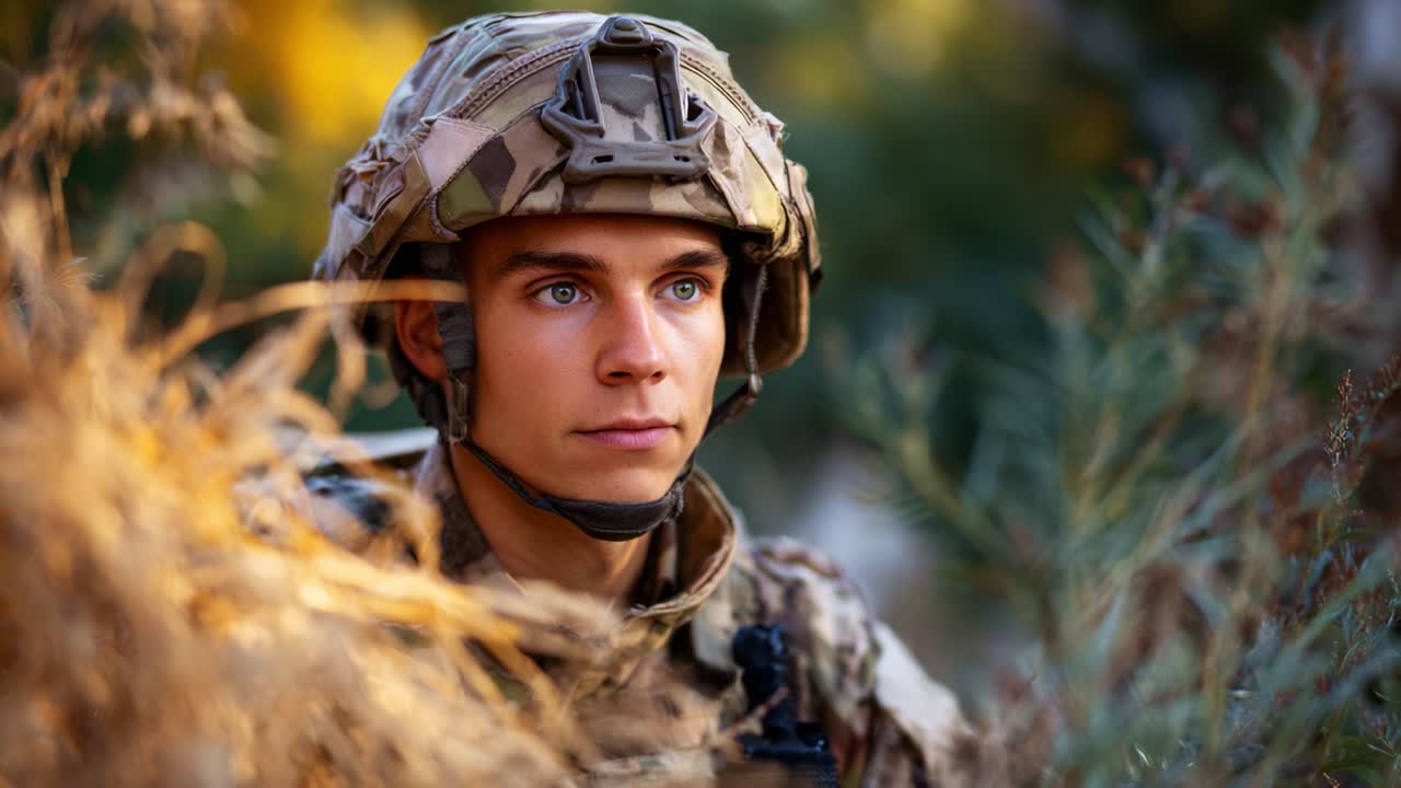 Un soldato concentrato in mimetica nella natura: cattura della determinazione e della risolutezza di un giovane guerriero che si prepara all'azione in un ambiente naturale