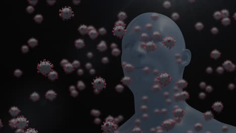 estructura de adn sobre células de covid-19 y estructuras moleculares flotando contra el modelo de cara humana