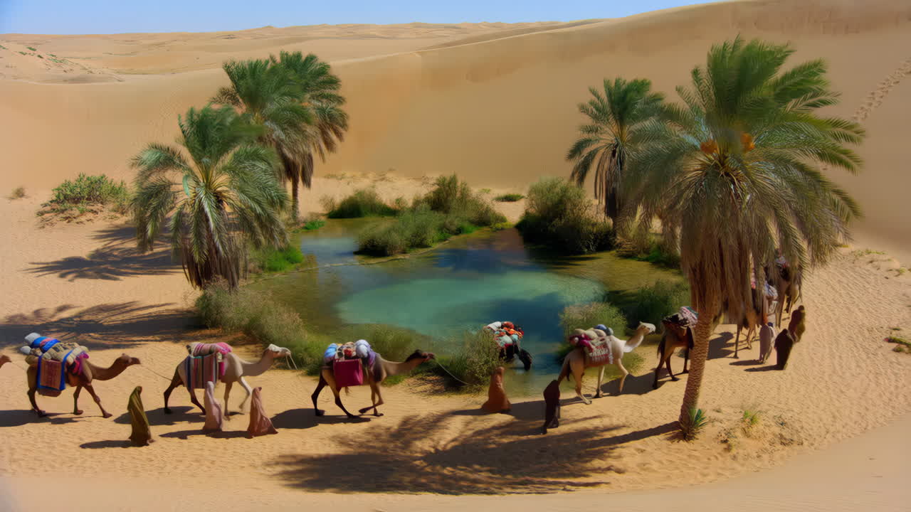 Camel Caravan at a Desert Oasis