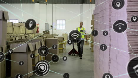 warehouse worker moving boxes, network of connections and data animation over scene