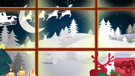 Animation-Einer-Winterlandschaft-Mit-Weihnachtsdekoration,-Gesehen-Durch-Ein-Fenster