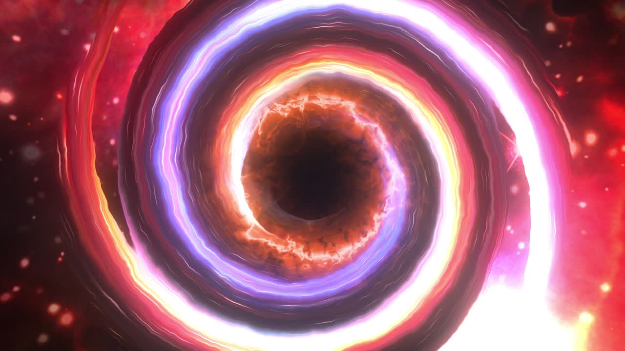 abstract 4k 3d cgi colorido resplandor agujero negro con nube de gas nebulosa en el espacio. vuelo espacial de bucle hacia misterioso agujero negra o agujero de gusano torciendo animación con luz arco iris girando en el universo.