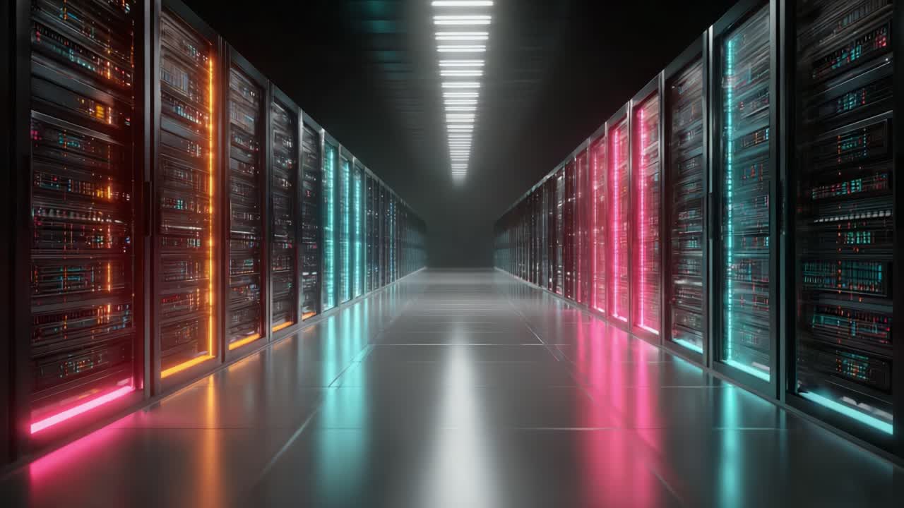A Stunning View Inside a Modern Data Center: Illuminated Racks and Sophisticated Technology Set the Scene for Digital Processing and Storage