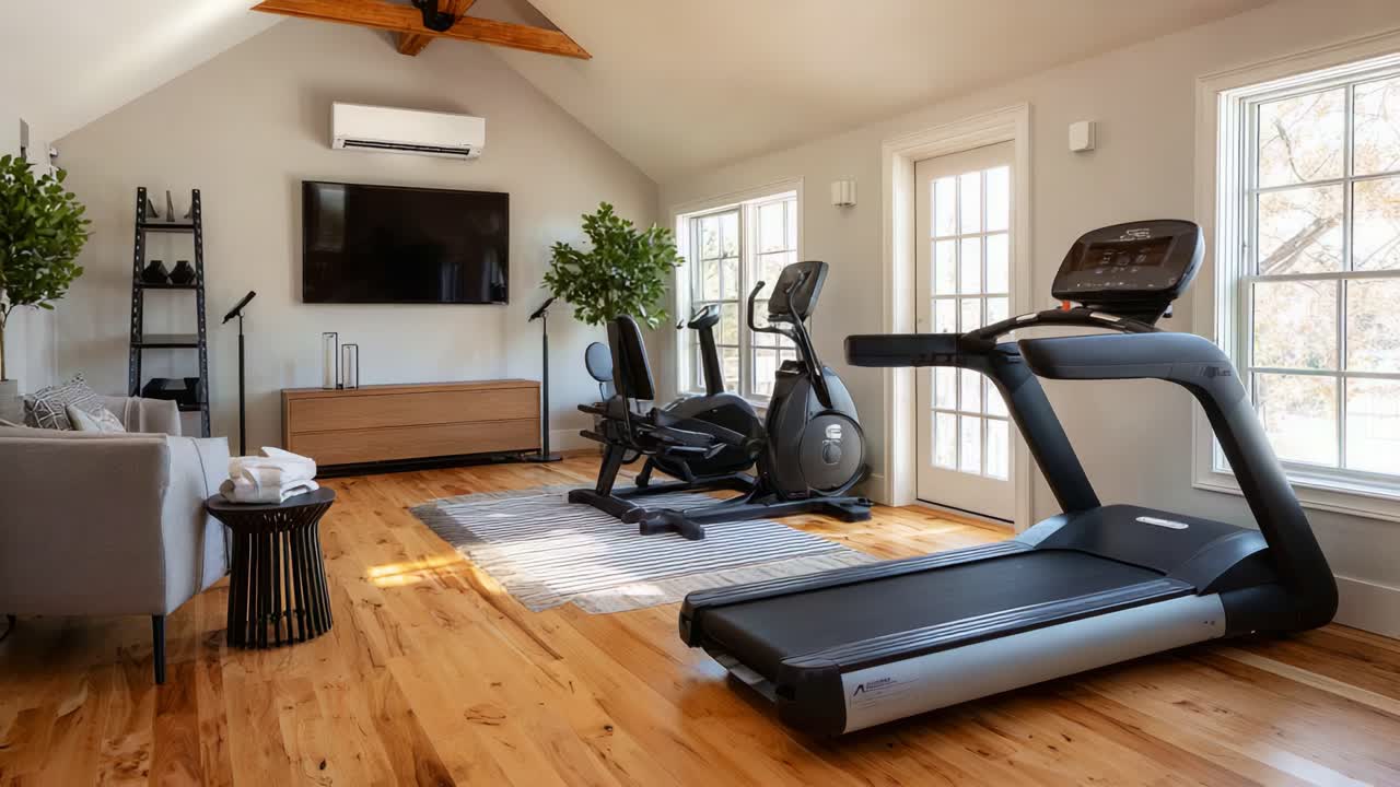 Modern Home Gym with Treadmill, Exercise Bike, and Stylish Decor for Fitness and Wellness in Bright Open Space with Natural Light and Comfortable Seating
