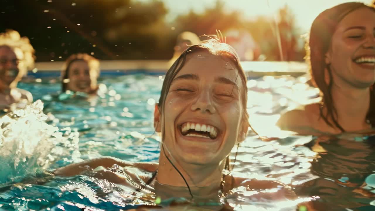 Joyful pool party scene with friends laughing, captured at eye level