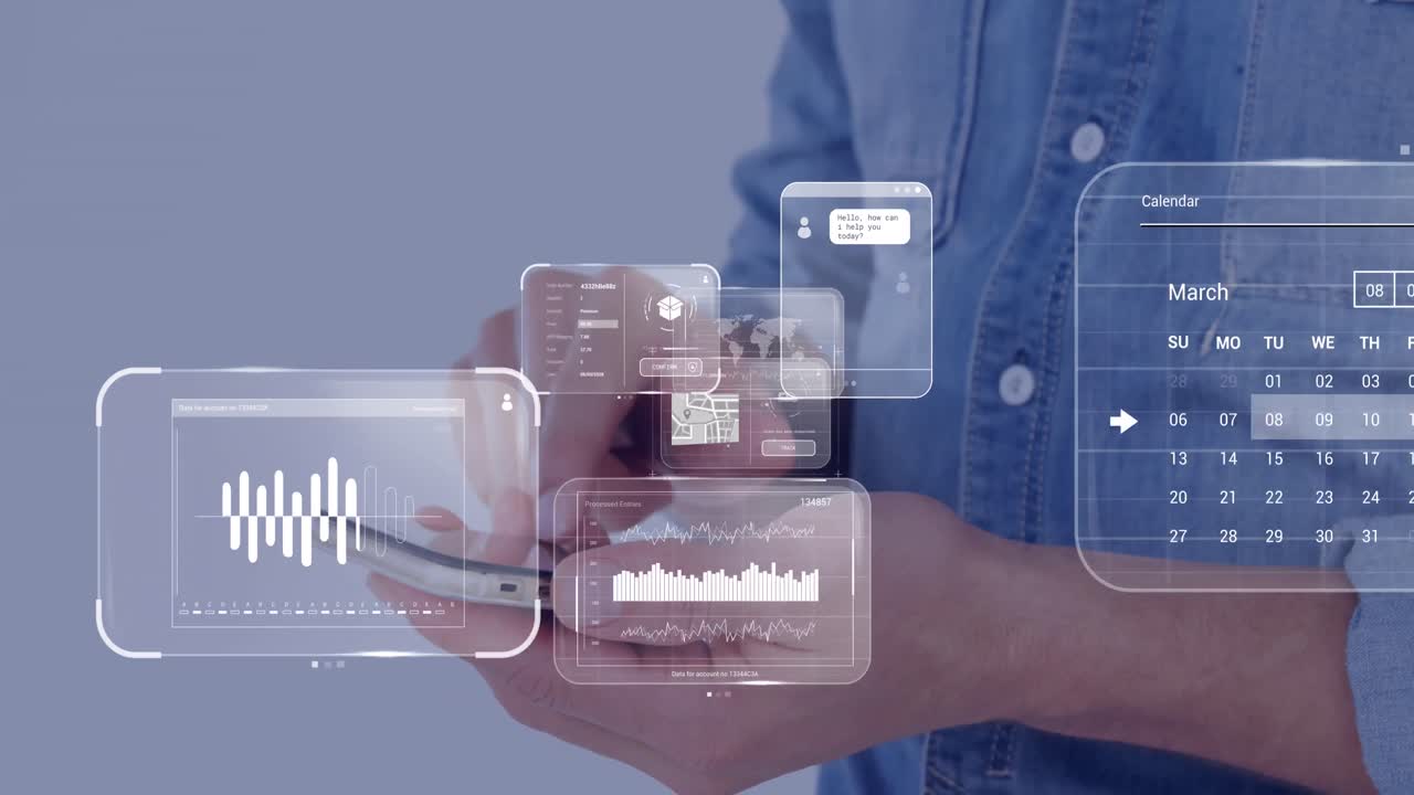 Animation of data on screens over caucasian businessman with smartphone