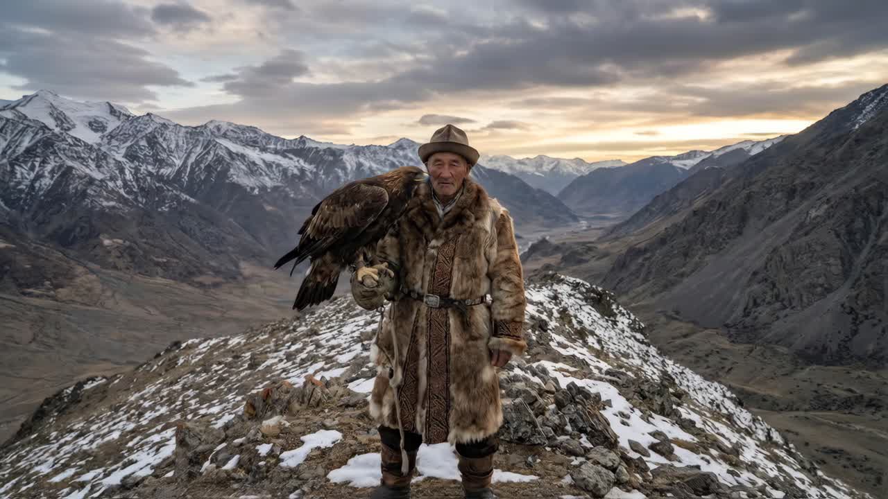 Traditionel ørnejæger med kongeørn i sneklædte bjerge