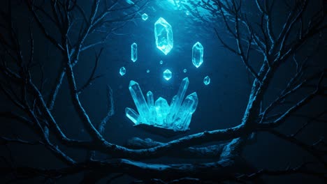 A Mesmerizing Underwater Scene Featuring Radiant Crystals Illuminated by Ethereal Light, Suspended Among Dark, Twisted Branches in an Enchanted, Mystical Environment