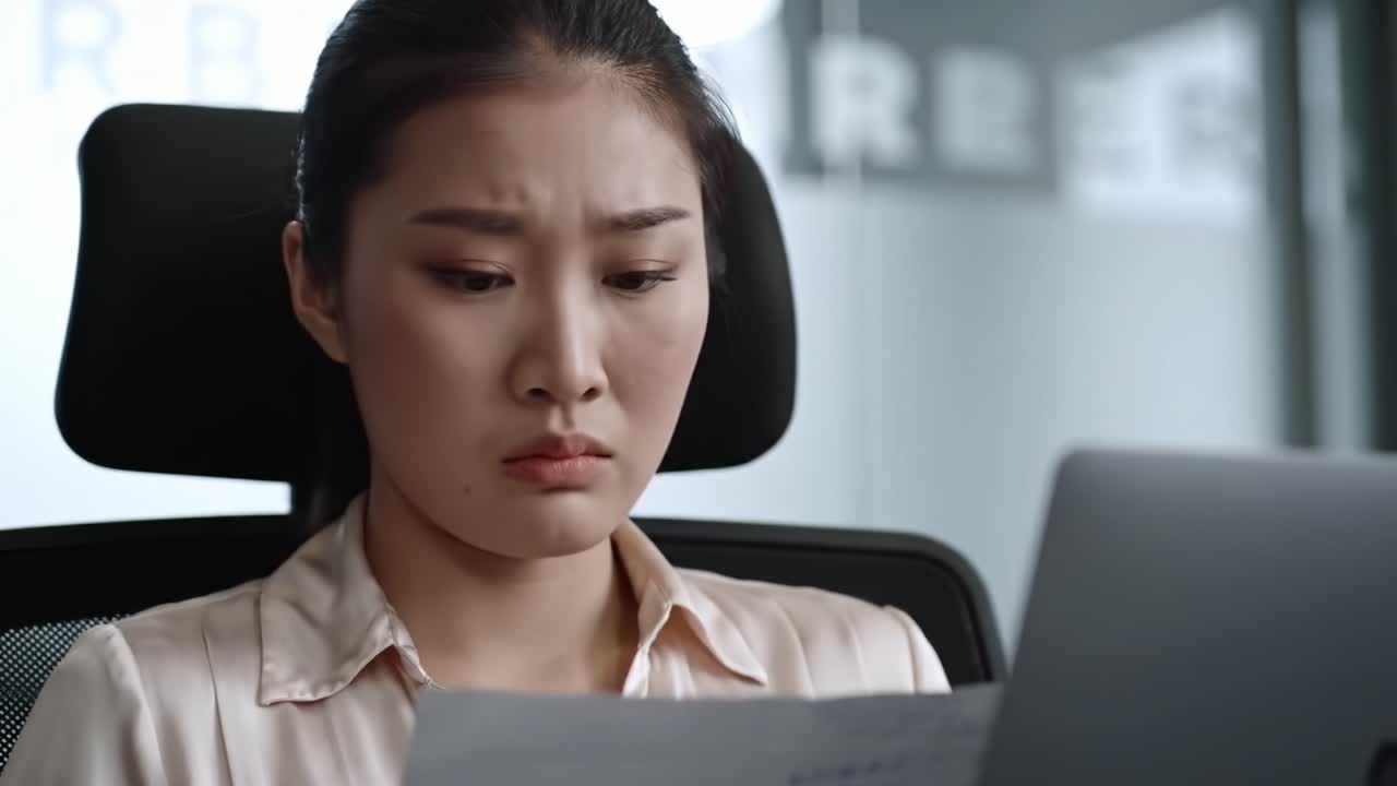 A woman in an office appears focused and concerned while reviewing important documents on her laptop. The atmosphere suggests a high-stakes environment.