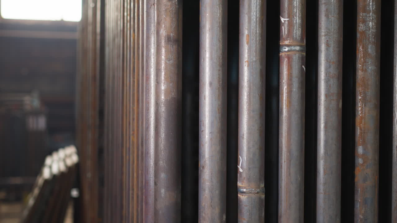Steel pipes with welding seams in production factory storage