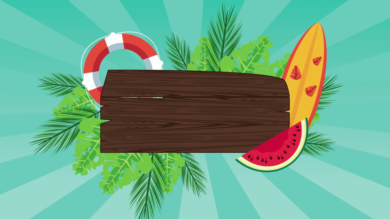 temporada de vacaciones de verano con etiqueta de madera y tabla de surf