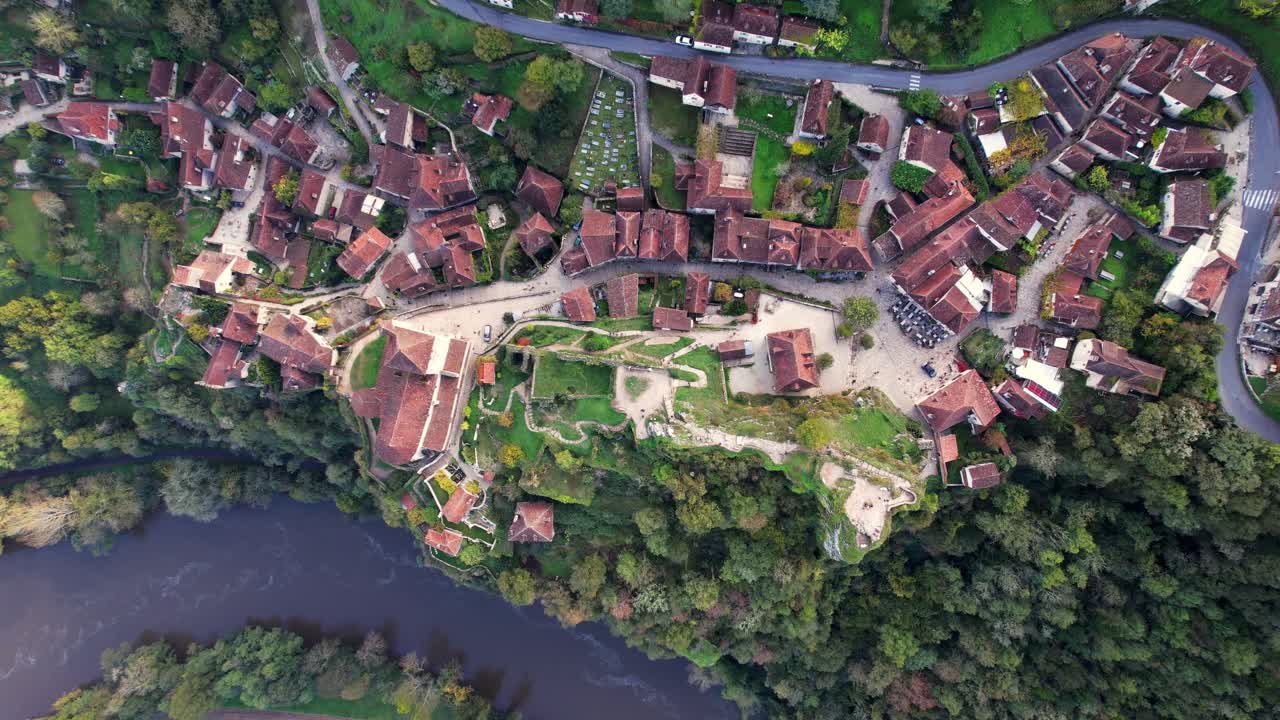 Aerial view of Saint-Cirq-Lapopie village above Lot River in France