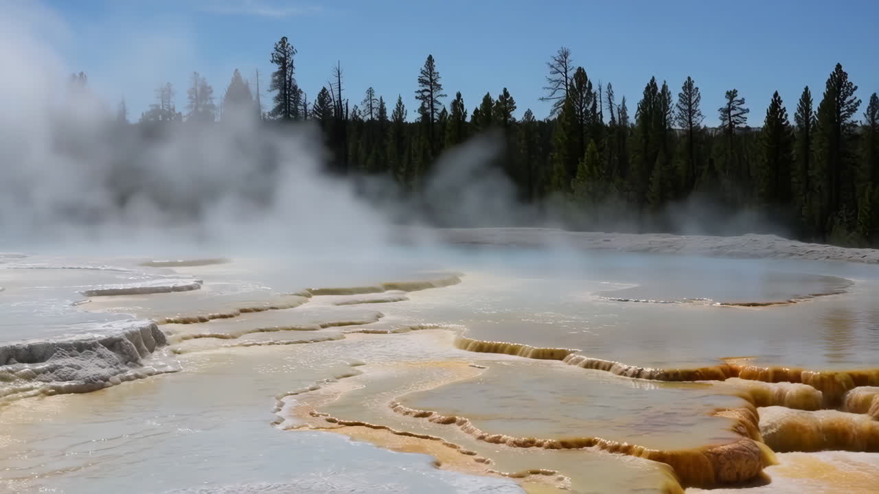 Steaming Hot Spring Terraces in a Forest Landscape