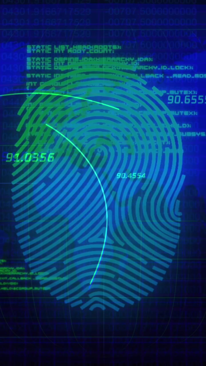 Data processing over biometric fingerprint scanner against world map on blue background