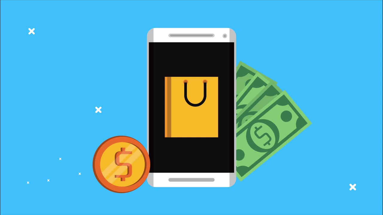 돈, 달러, 전자상거래 기술을 가진 스마트 폰 장치