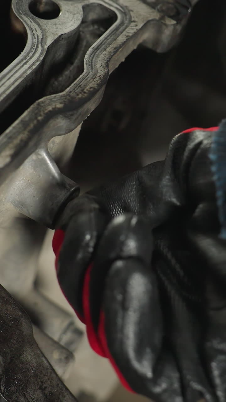 primer plano de la mano en guante rojo apretando la tuerca en el motor del bloque, mostrando precisión y experiencia mecánica en el taller de automóviles, enfatizando el trabajo de reparación y mantenimiento detallado