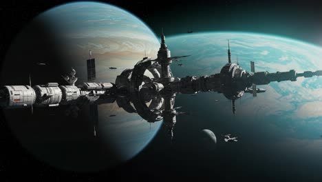 a stunning space scene featuring a futuristic space station orbiting a massive planet, capturing the essence of interstellar exploration and cosmic wonder