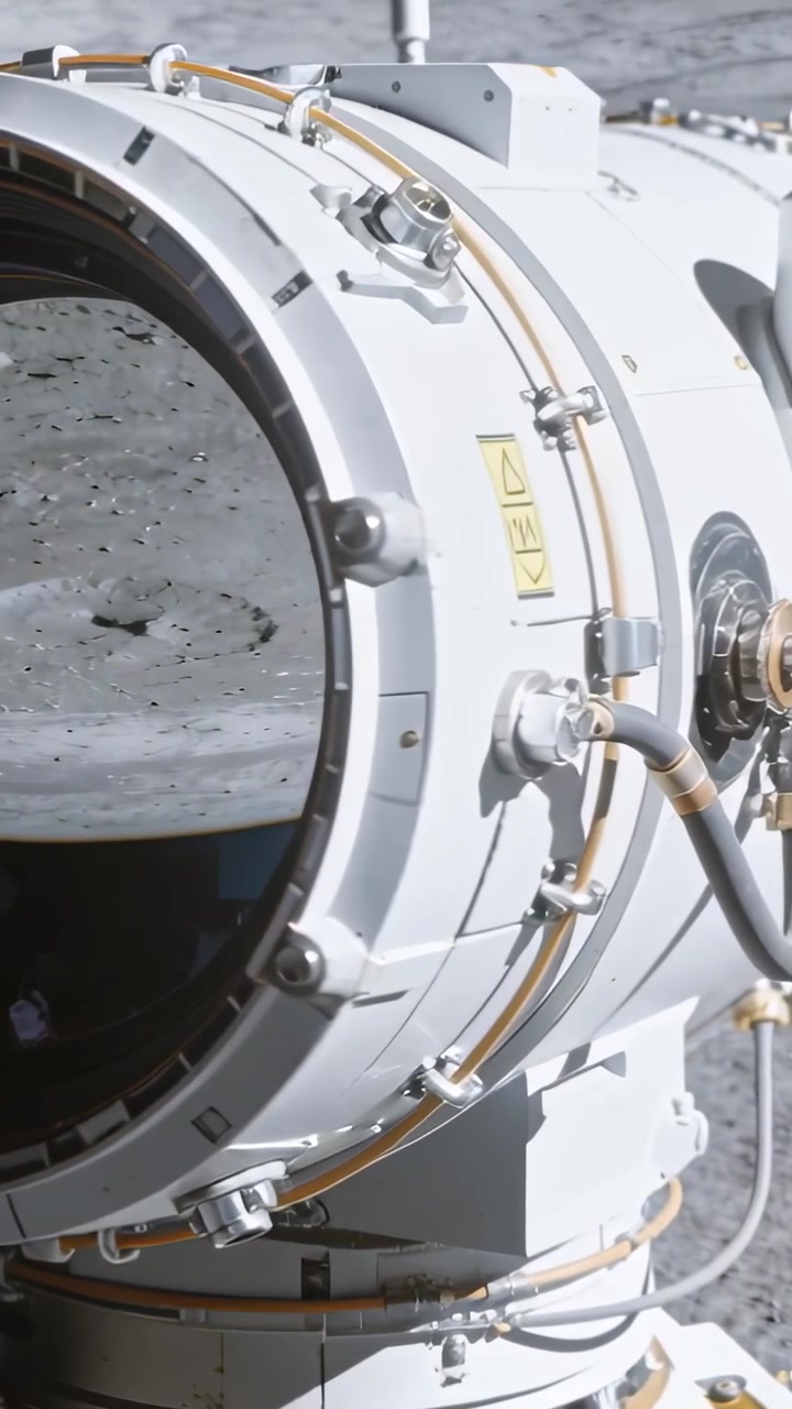Vertical video: Panning camera revealing round module port on moon to show rim bolts and crater