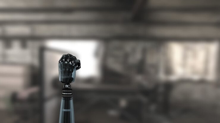 Robot arm in a bright blurry background