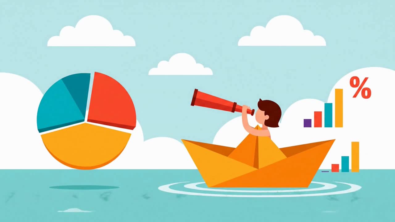 Business character in a paper boat exploring financial data with a telescope