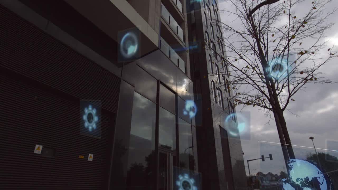 Animazione dell'elaborazione dati su un paesaggio urbano