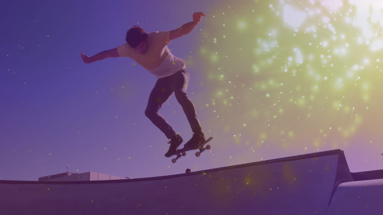 Male skateboarder performing aerial trick at skatepark with bokeh lights boosting sports marketing