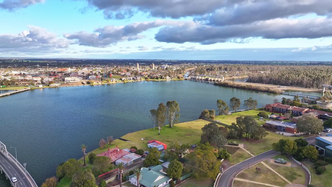 Aerial of the road bridge over Lake Mulwala with Yarrawonga in the background