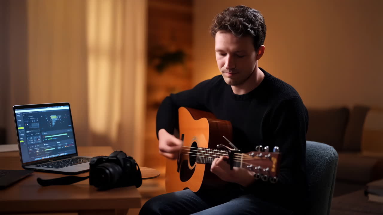 Man Playing Acoustic Guitar with Laptop and Camera