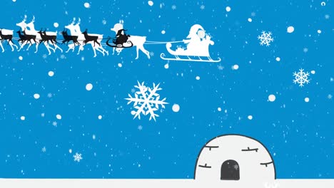 Animation-of-santa-claus-in-sleigh-with-reindeer-over-snow-falling-and-igloo