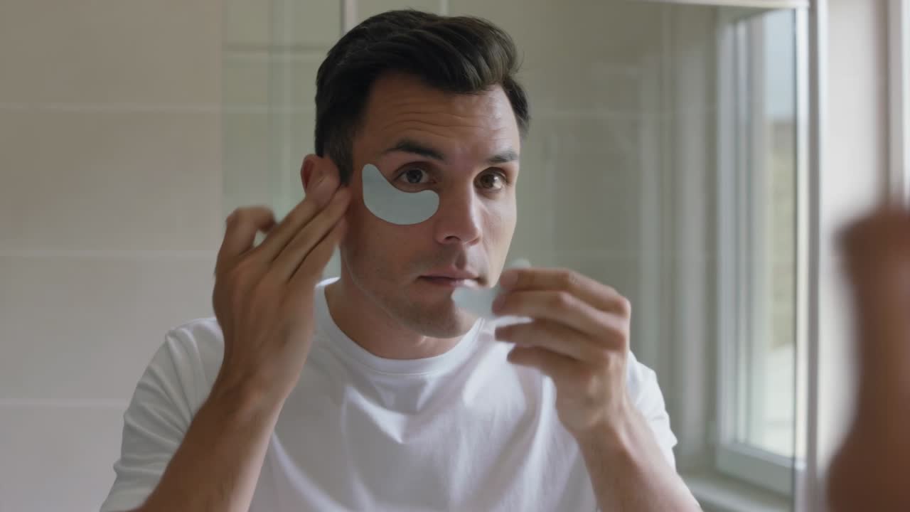 Young Man Applying Under-Eye Patches in Bathroom Mirror