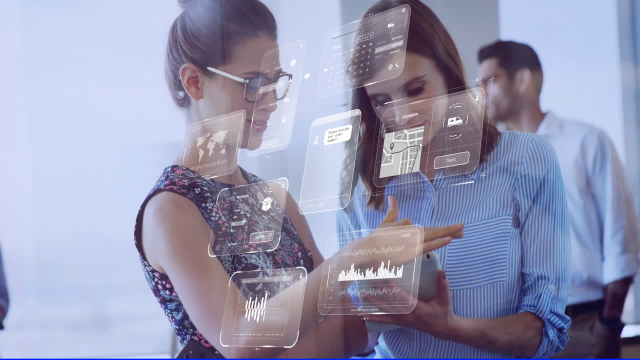 análisis de datos y gráficos animación, mujeres de negocios discutiendo información en la tableta