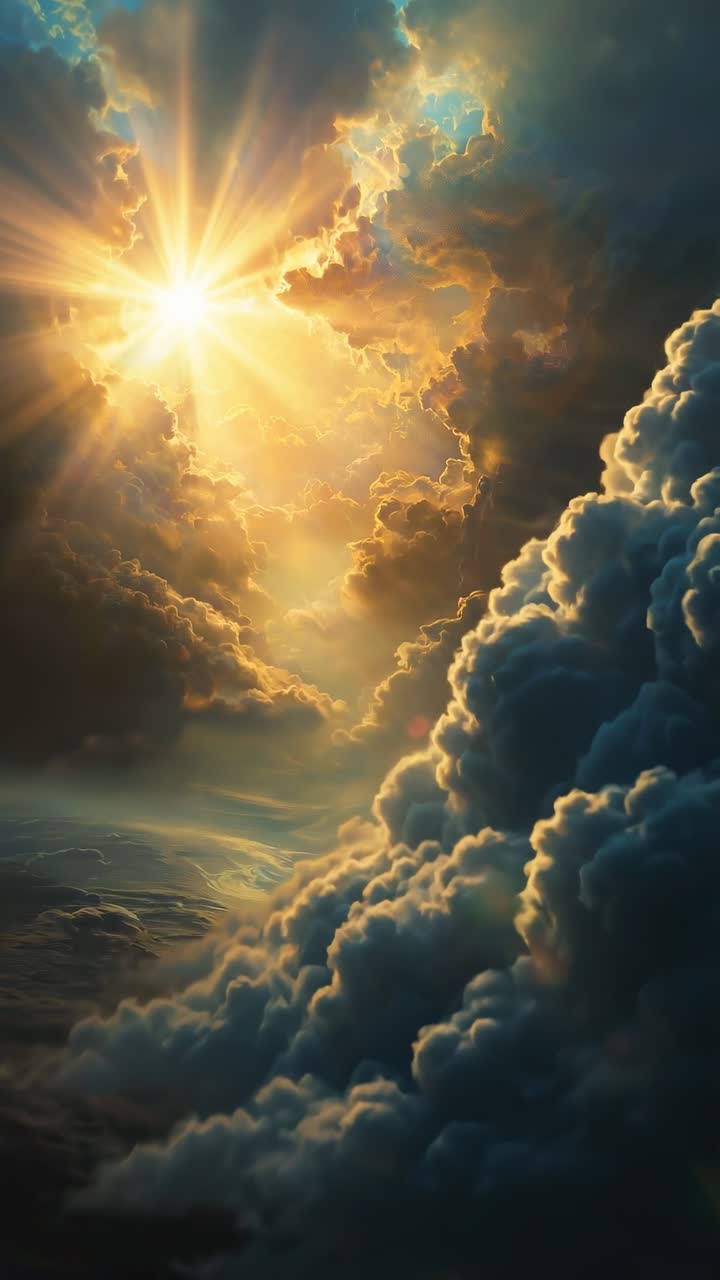 Cielo maestoso con raggi di sole dorati che si fanno strada attraverso nuvole drammatiche