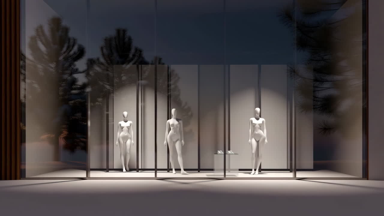 Storefront with mannequins in a window display at night