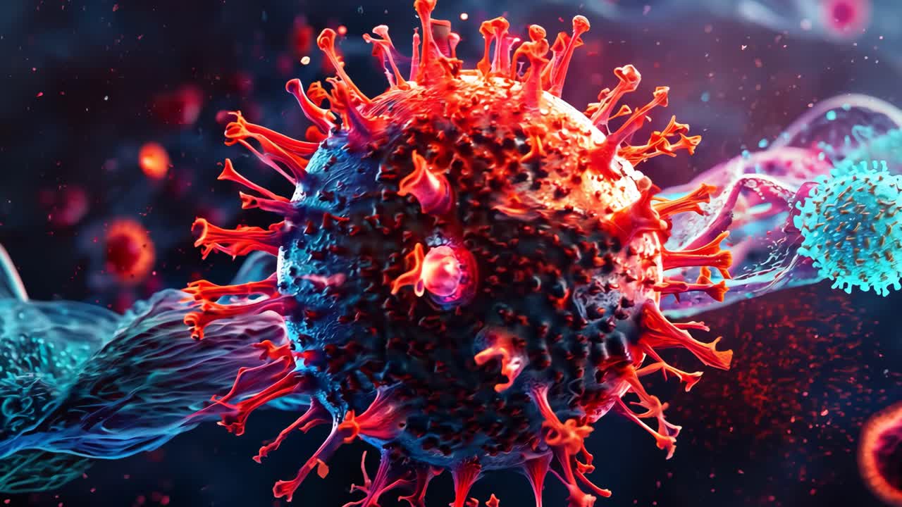 A red and blue virus is floating in the air. The virus is surrounded by a blue and purple wave