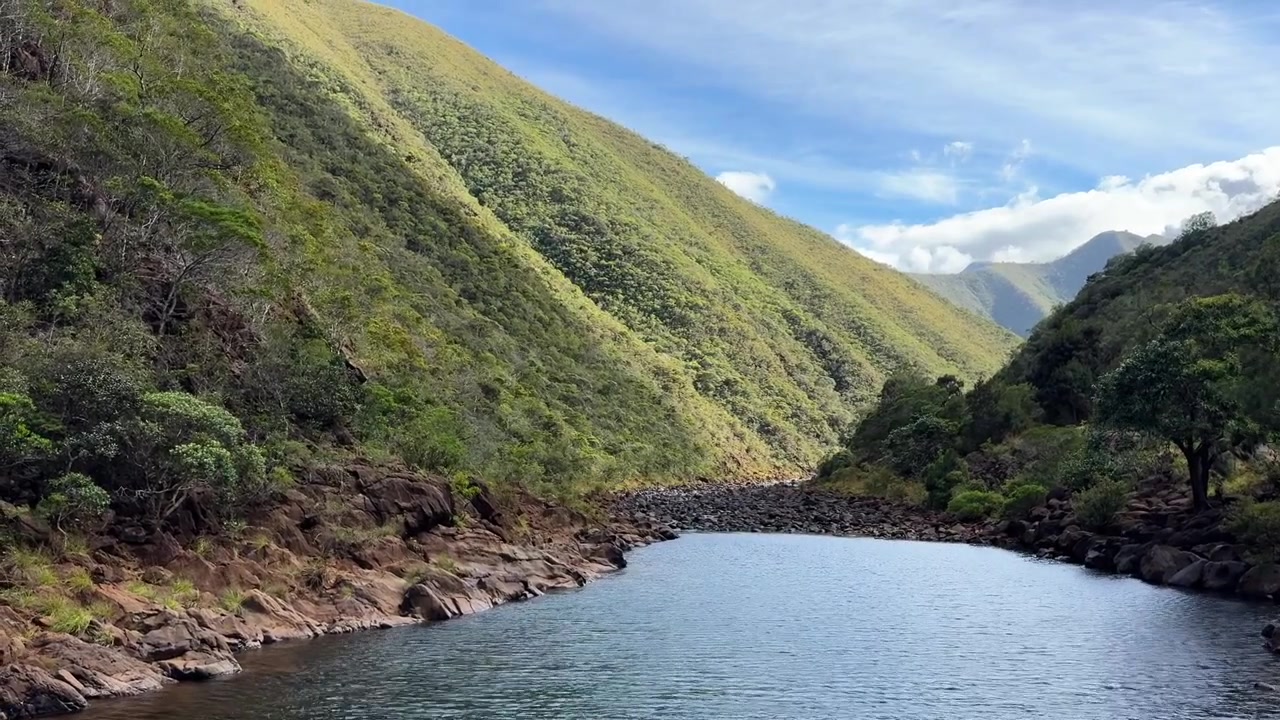 Fiume che scorre attraverso una gola pittoresca con vegetazione in una giornata luminosa e soleggiata in Nuova Caledonia