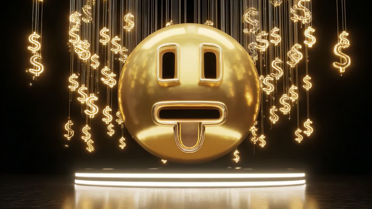 A dazzling golden emoji face shines brightly against a backdrop of hanging dollar signs, symbolizing wealth and prosperity in a visually striking display that captures the essence of financial success