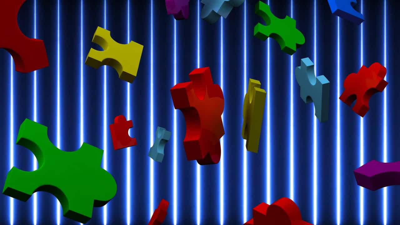 검은 바탕에 선을 가진 퍼즐 조각의 느린 움직임으로 떨어지는 애니메이션