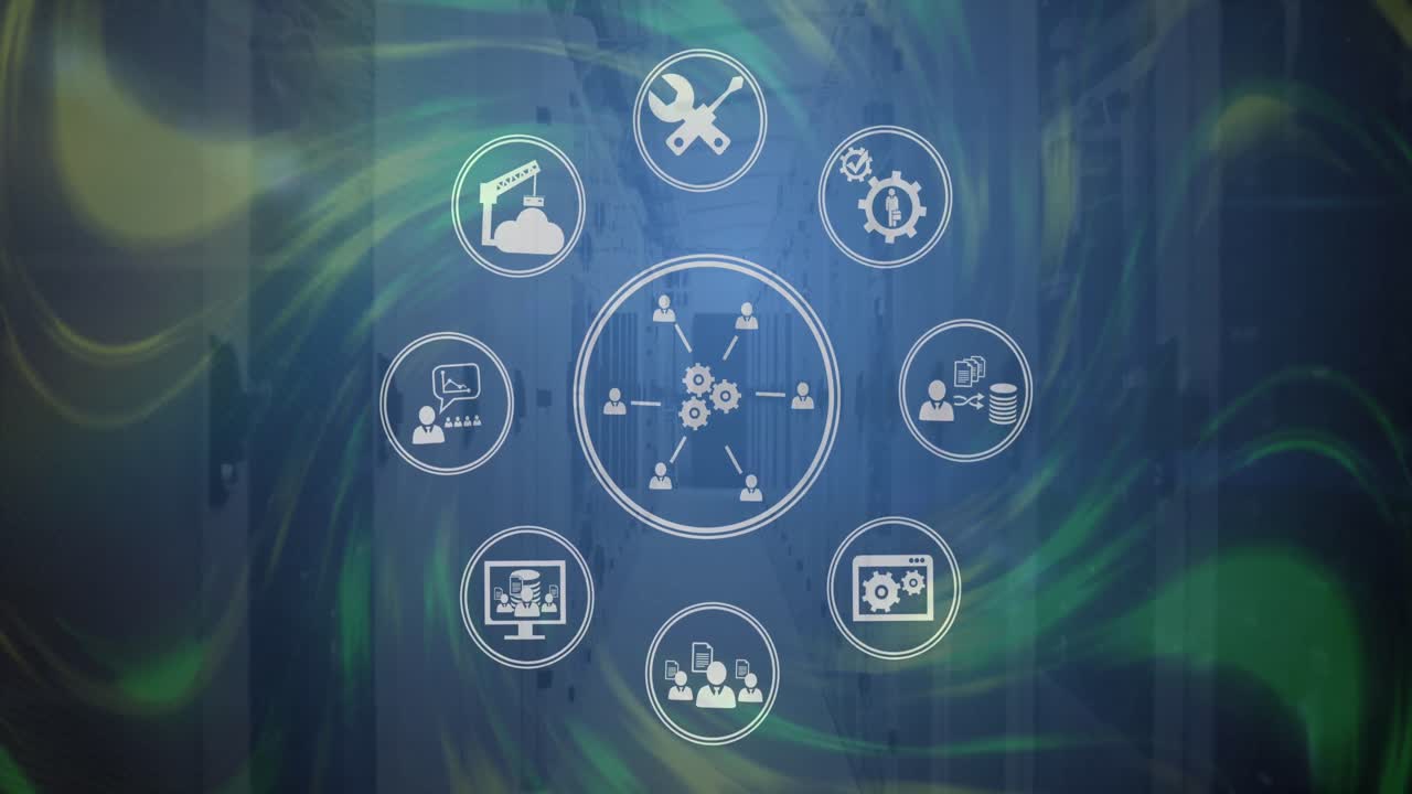 디지털 아이콘 네트워크의 디지털 애니메이션은 비어있는 서버 객실에 대해 디지털 파도를 통해