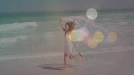 running on beach, woman with scarf over colorful bokeh animation