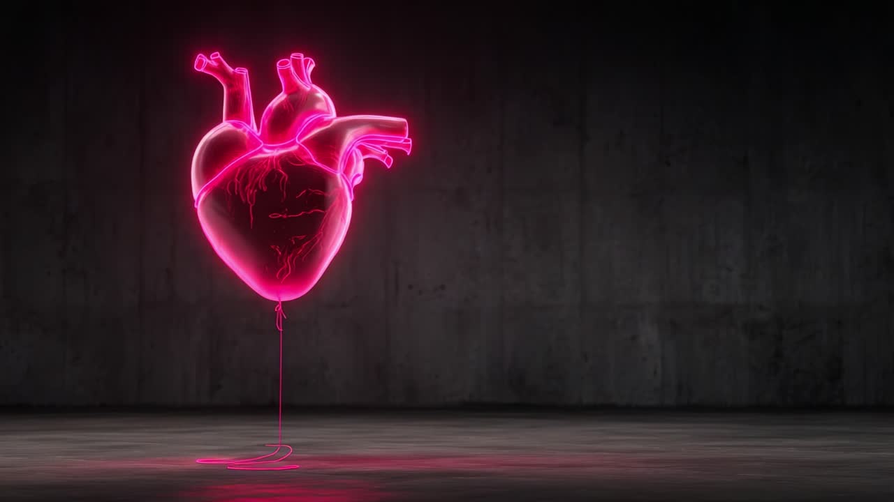 A mesmerizing depiction of a glowing neon heart, symbolizing life, love, and passion, against a dark background, showcasing stunning artistic representation and vibrant colors
