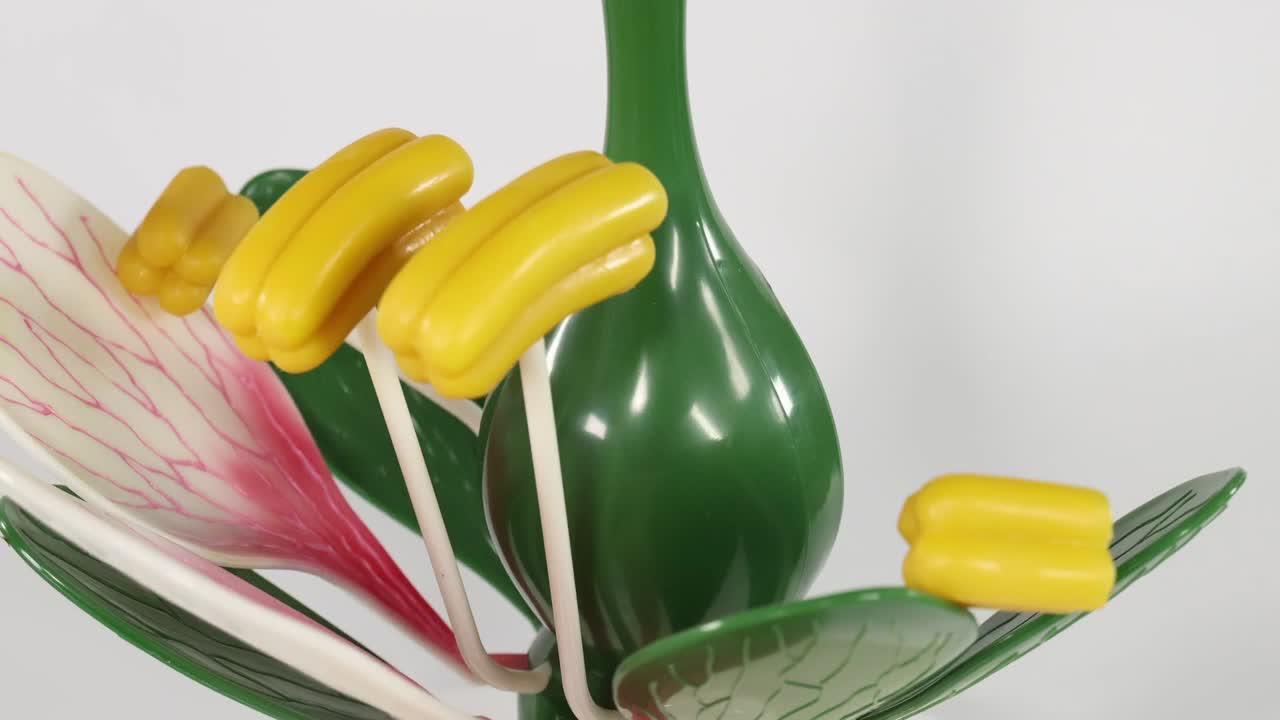 Un modello botanico dettagliato ruota per mostrare l'ovario, lo stame e i petali a scopo didattico scientifico.