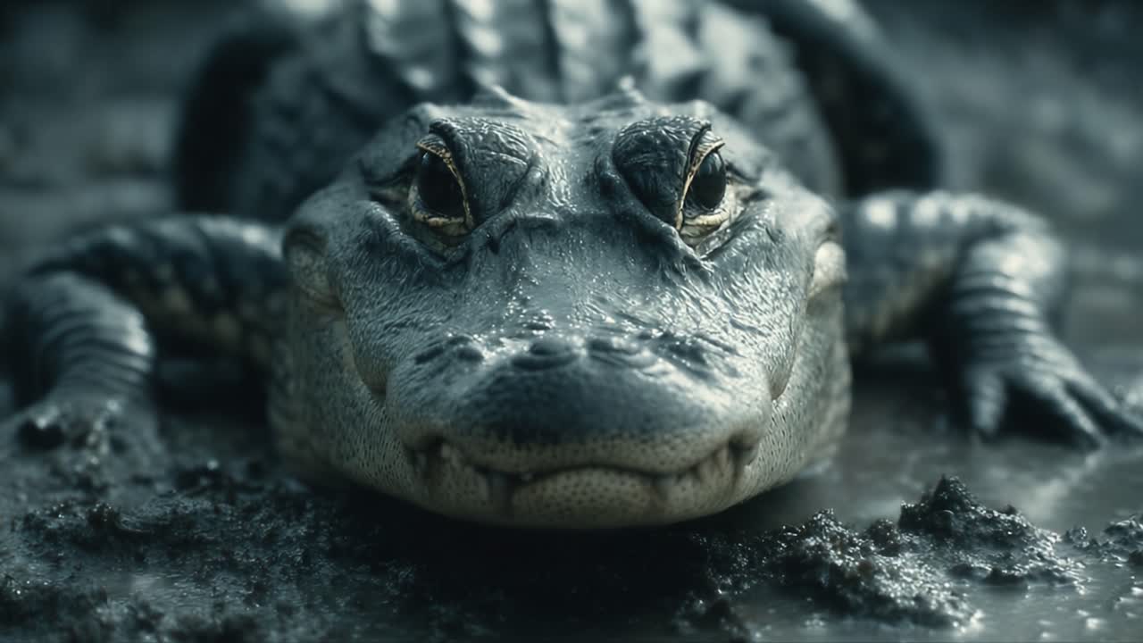 A Close-Up Encounter with a Crocodile: Observing the Intense Gaze and Textured Skin of This Remarkable Reptile in a Rainy Setting