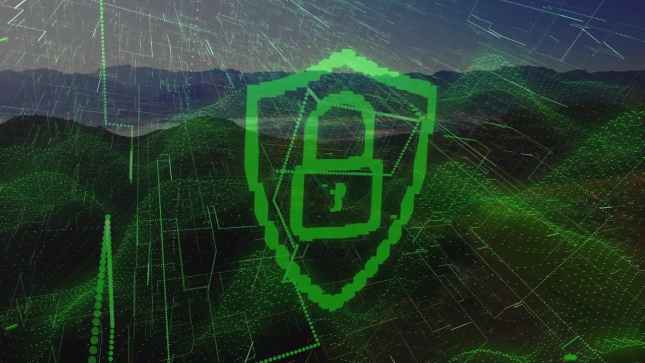 Pixelated green shield icon floating over twilight mountains, streaming neon circuitry and data