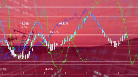 Animation-of-financial-data-processing-with-binary-coding-and-oil-rig-over-grid