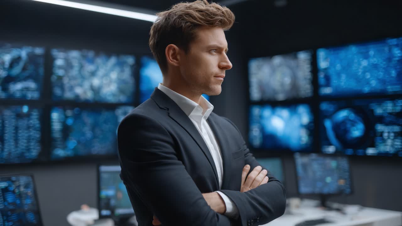 A Focused Professional Analyzes Data in a High-Tech Command Center Surrounded by Advanced Displays and Complex Information Systems for Strategic Decision-Making